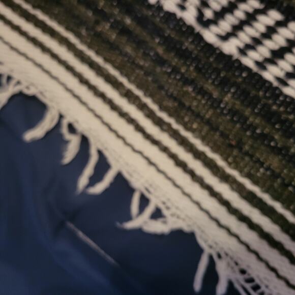 Vintage Afghan Blanket Large Black White Green Retro Fringe Handmade Goth Boho - Picture 3 of 7